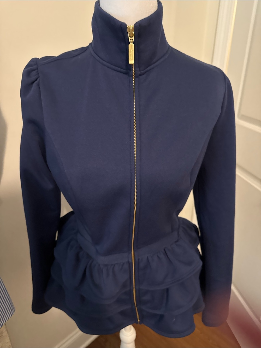 Lilly Pulitzer Navy Ruffled Zip-Front Bomber Jacket